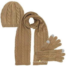 OEM high fashion cable knitting light brown beanie gloves scarf set women winter Knitted Hat Gloves Scarf Set